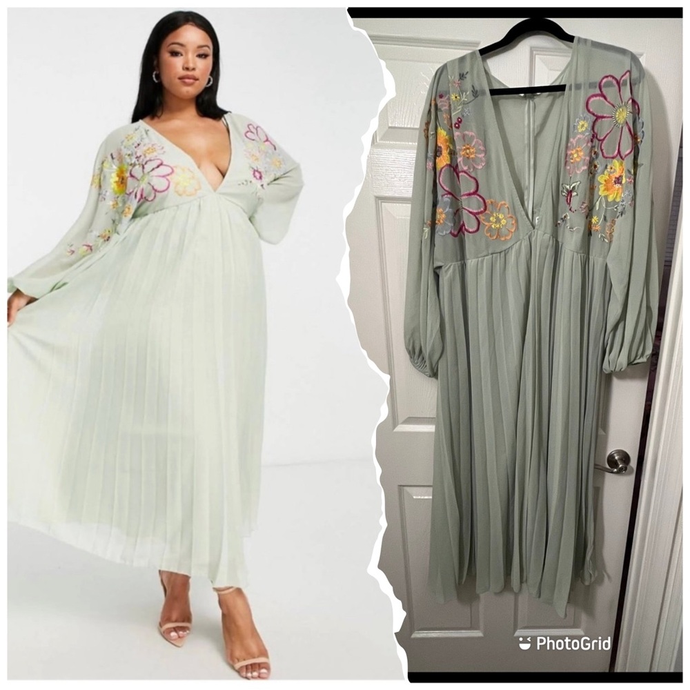 Asos Floral Embroidered Maxi Dress in Light Green size 16